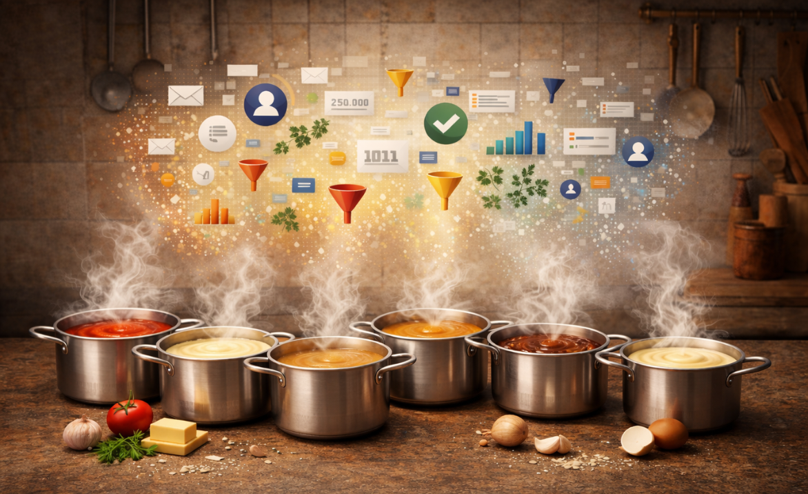 six sauces with fundraising data boiling out